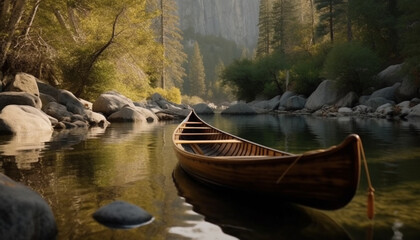 Tranquil scene of canoeing in Alberta wilderness generated by AI
