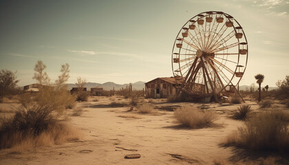 Fototapeta na wymiar Abandoned old wheel on dry mountain landscape generated by AI