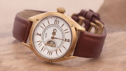 A classic vintage style hand watch with a unique intricate face and a luxurious hand crafted leather band