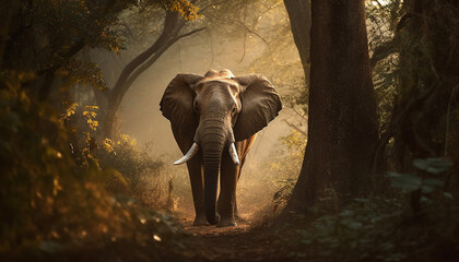 Fototapeta na wymiar African elephant walking in tranquil wilderness landscape generated by AI