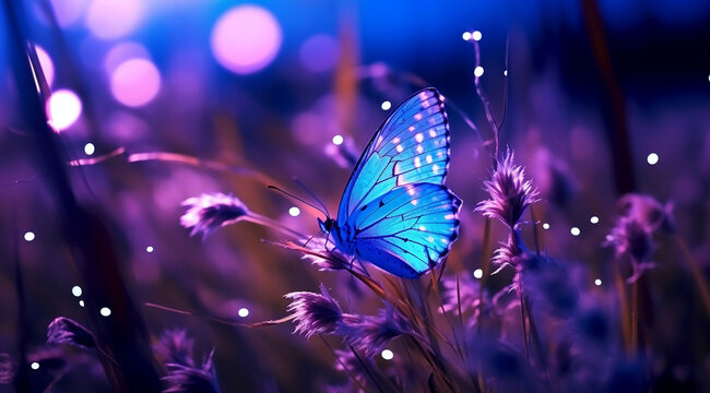 Moonlit Meadow Magic: Artistic Macro Shot of a Butterfly in Blue and Purple Tones, generative AI