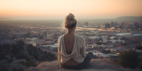 woman sitting from the back with view on the city, relaxation, calm, yoga