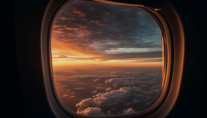 Looking through porthole, sunset sky, flying high generated by AI