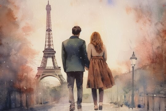 Watercolor couple of lovers holding hands against the backdrop of the Eiffel Tower. Illustration for postcard, wedding invitation. Generative ai