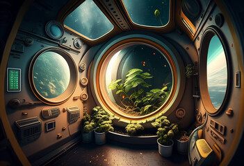 Space cabin full of green plants