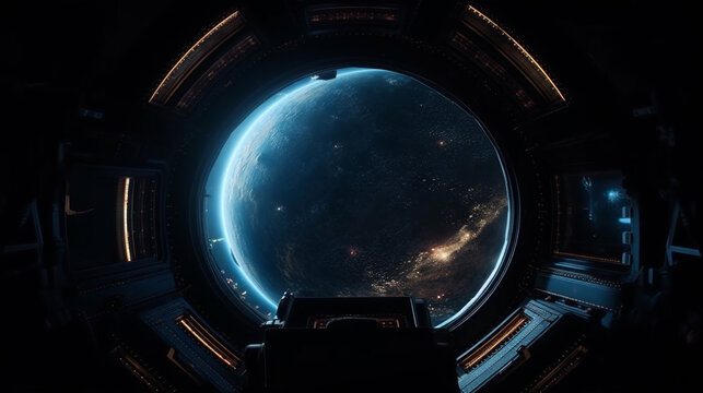 Deep field sky, cosmos, space viewed through the porthole of spaceship. Generative AI.
