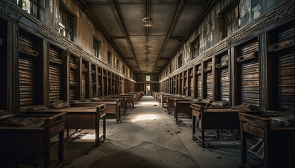 Fototapeta premium Ancient wisdom vanishing in abandoned library archives generated by AI