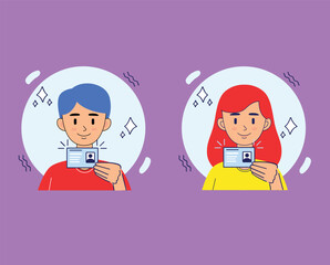 illustration vector of a man and woman taking a picture or selfie. take a photo of his own face and show an identity card. smile and style or pose. flat style. vector design-Ktp selfie