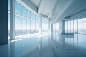 modern office building interior with cityscape out of the window. Created with Generative AI Technology. 