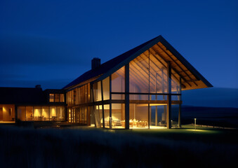 Obraz premium Close-up of a modern villa building in the woods, evening time