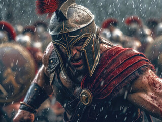 A Spartan warriorGladiator in a red cape and helmet fighting in the rain. - obrazy, fototapety, plakaty