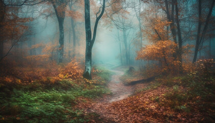 Tranquil footpath in spooky autumn forest mystery generated by AI