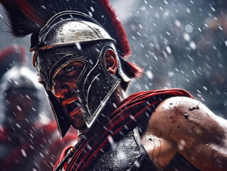 A Spartan warriorGladiator in a red cape and helmet fighting in the rain.