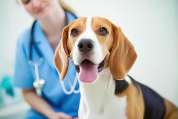 Close up of a beautiful beagle dog at the veterinarian. Sick cute pet sitting at the examination table at the animal clinic	
 - obrazy, fototapety, plakaty