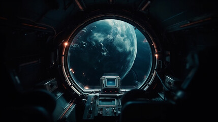 Obraz na płótnie Canvas Deep field sky, cosmos, space viewed through the porthole of spaceship. Generative AI.