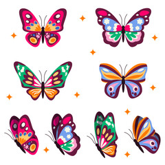 Fototapeta na wymiar Set of 4 beautiful different butterflies. Back view and side view. Vector graphic.
