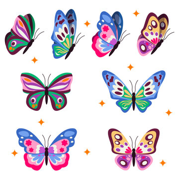 Set of 4 beautiful different butterflies. Back view and side view. Vector graphic.