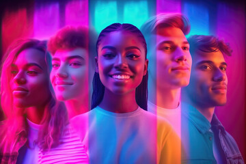 collage of young people in neon colors, ai generated - obrazy, fototapety, plakaty