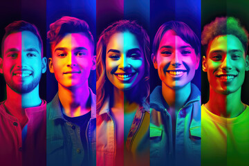 collage of young people in neon colors, ai generated - obrazy, fototapety, plakaty