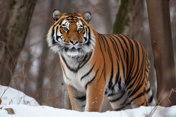 Fototapeta na wymiar Beautiful Amur tiger on snow. Tiger in winter forest. Critical endangered animals. Amur Siberian tiger is population in the Far East, particularly the Russian Far East and Northeast China