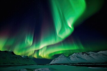 Northern lights above the mountains. Aurora borealis. Night landscape with Aurora Borealis. The...