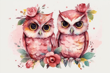 Obraz premium Two cute owls in love surrounded by flowers on a romantic Valentine's Day in a hand-drawn watercolor style. Horizontal postcard, poster, print. Generative AI
