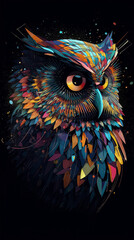 Graphic portrait of an owl on a black background. Colorful, multicolored. Print for printing, tattoo, phone wallpaper, advertising. Generative AI
