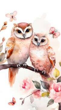 Two cute owls in love surrounded by flowers on a romantic Valentine's Day in a hand-drawn watercolor style. Vertical postcard, phone wallpaper, print. Generative AI