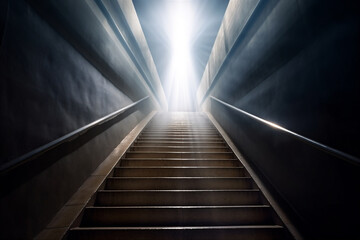  Stairway to Heaven with bright white light on the top. Life after death concept. Generative AI.