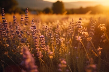 Lavender field with magic golden sunset light. Generative AI.
