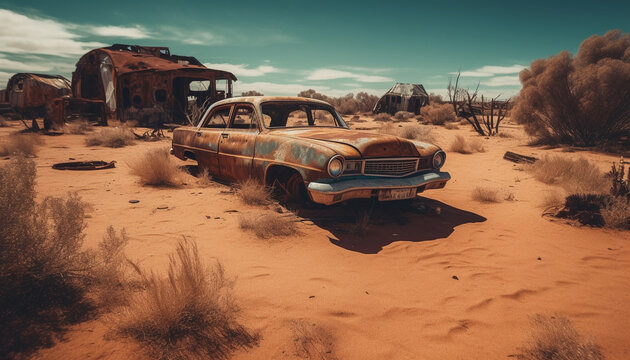 Rusty vintage car on eroded dirt road generated by AI
