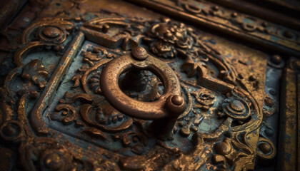 Ornate metal handle on old wooden door generated by AI