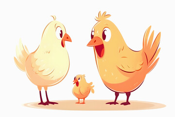 Cartoon hen and rooster teaches little fluffy chick on white background. Education and learning, parents and children, teacher and student. Generative AI, illustration