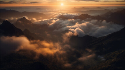 Sunrise seen from the air, dramatic view. Sky, heaven image. Generative AI.