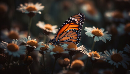 Fototapeta na wymiar Monarch butterfly pollinates daisy in tranquil meadow generated by AI