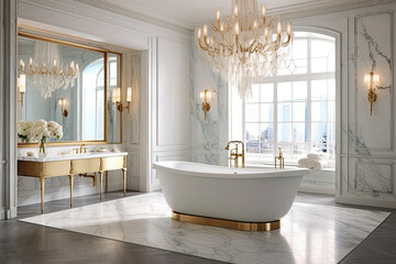 Luxurious bathroom with marble finishes, a freestanding bathtub, and a chandelier, creating an opulent and spa-like atmosphere - Generative AI