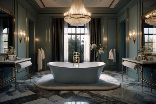 Luxurious bathroom with marble finishes, a freestanding bathtub, and a chandelier, creating an opulent and spa-like atmosphere - Generative AI