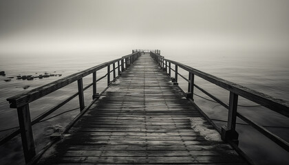 Wooden boardwalk leads to tranquil seascape horizon generated by AI