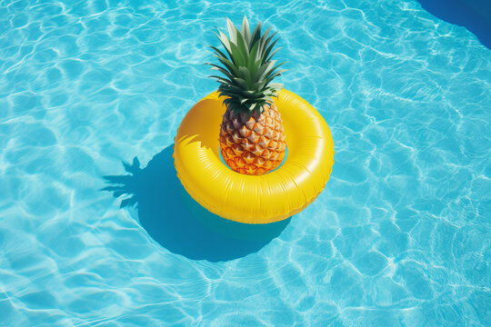 Inflatable pineapple swimming pool float. Summer vacation. Generative ai