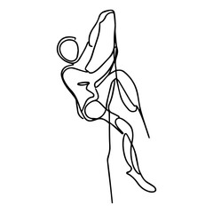 One line vector illustration. Rock climber in equipment crawls up the rock. Minimalism