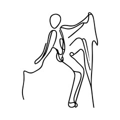 One line vector illustration. Rock climber in equipment crawls up the rock. Minimalism