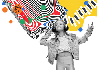 Playful little girl, child listening to music in headphones, enjoying over colorful abstract background. Contemporary art collage. Concept of childhood, emotions, fun, dreams. Colorful creative design