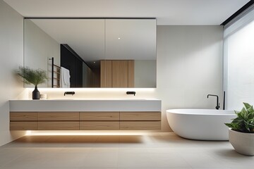 Obraz na płótnie Canvas Minimalist bathroom with sleek lines, a floating vanity, and a large mirror, showcasing a modern and clean aesthetic - Generative AI