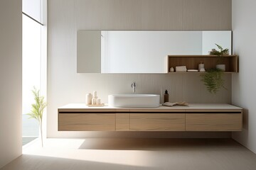 Naklejka na ściany i meble Minimalist bathroom with sleek lines, a floating vanity, and a large mirror, showcasing a modern and clean aesthetic - Generative AI