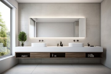 Minimalist bathroom with sleek lines, a floating vanity, and a large mirror, showcasing a modern and clean aesthetic - Generative AI