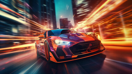 Racing Car drifting with abstract long exposure dynamic speed light trails in an urban environment city, Generative AI