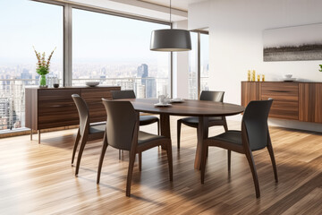 Wooden dining table and chairs with sleek, minimalist design