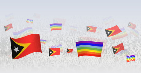 People waving Peace flags and flags of East Timor. Illustration of throng celebrating or protesting with flag of East Timor and the peace flag.