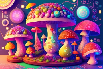 A colorful picture of mushrooms with the words  magic  on the bottom. Generative AI.