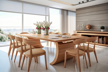 Fototapeta na wymiar Wooden dining table and chairs with sleek, minimalist design